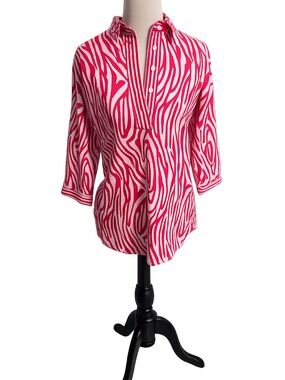 Gretchen Scott Pink White Zebra Print PopOver Blouse 3/4 Sleeve M Cotton Blend